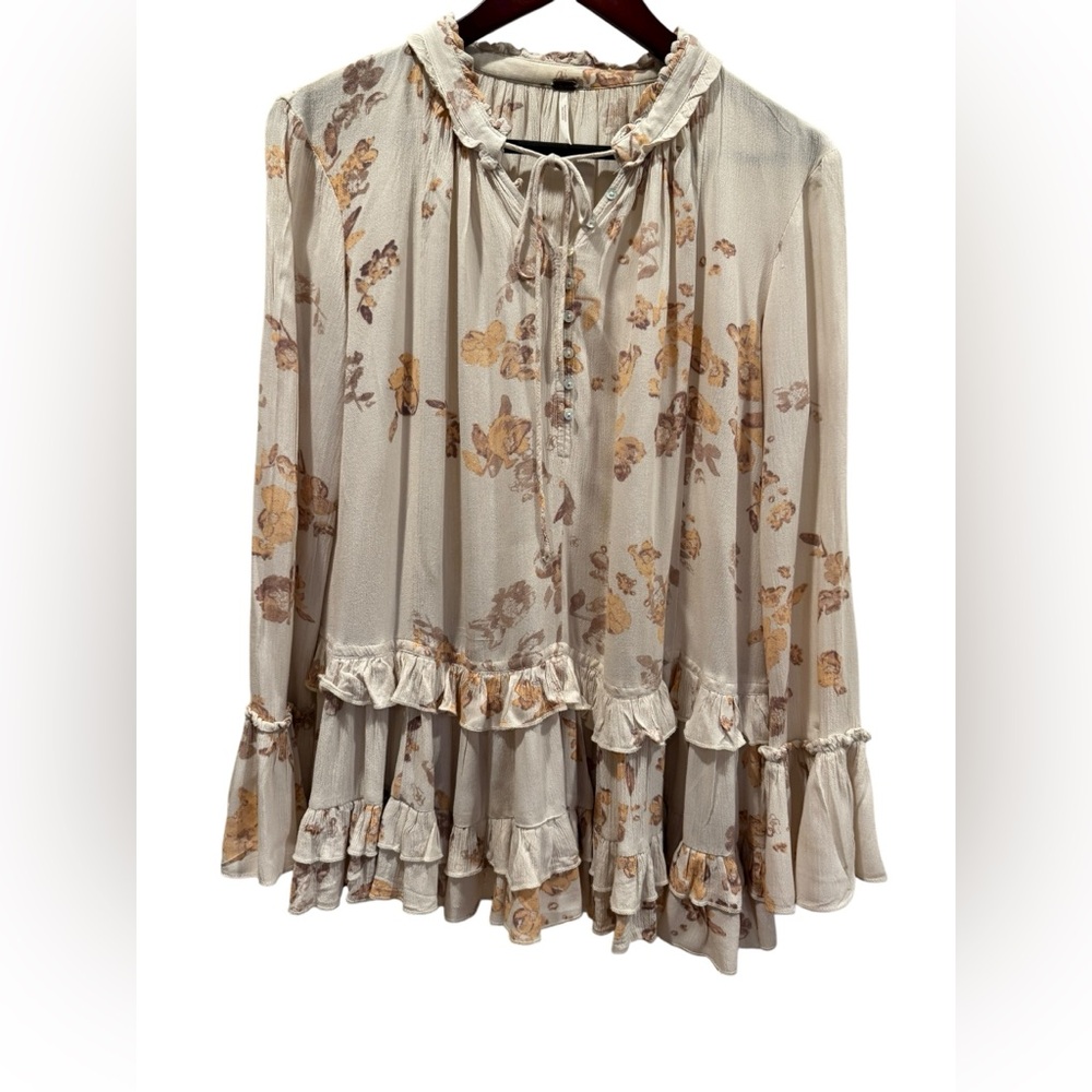 Free People Floral Print Ruffle Shift Dress Tunic Long Sleeve Tiered Size XS